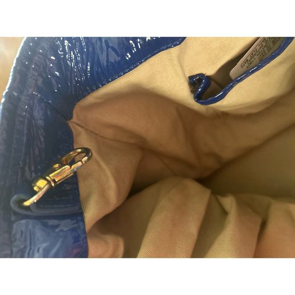 Tory Burch Canvas Tote Purse Bag Beach Beige Navy Blue w/ Gold Logo - Picture 8 of 11